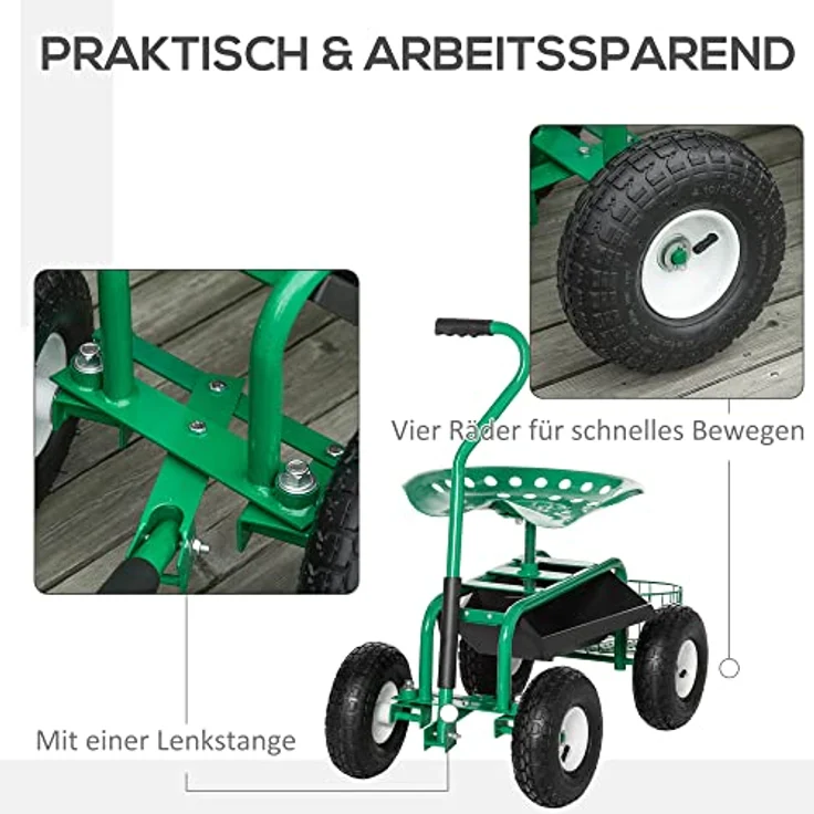 Outsunny Rollsitz 360° drehbar, höhenverstellbarer Gartenwagen mit Ablagefläche und Mobilen Rollen, belastbar bis 150 kg, Grün – Bild 5