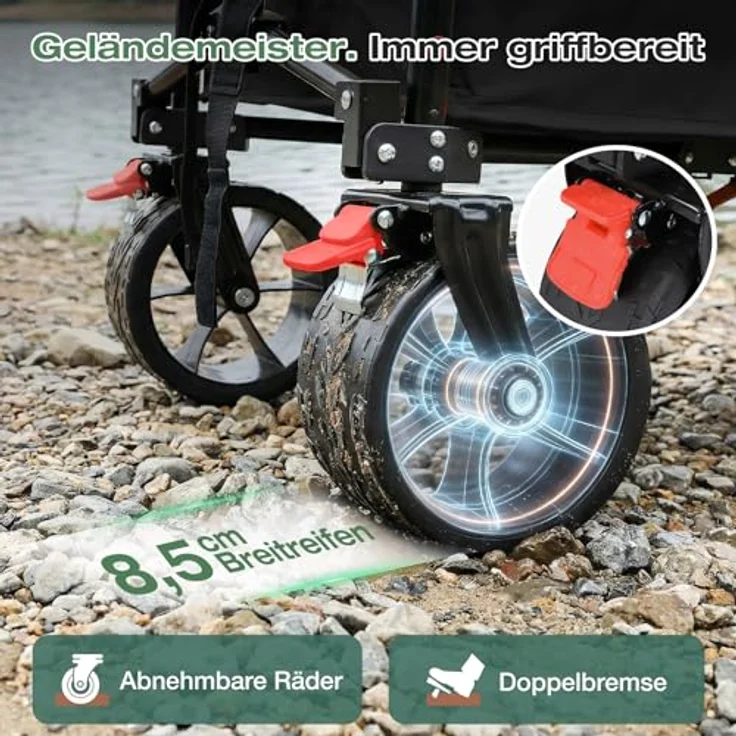 Sekey XXL Bollerwagen, Faltbar 135L, 150KG belastbar, leichte All-Terrain-Räder mit Bremse, patentierter 4-Wege-Sofortaufbau, Schwarz – Bild 3