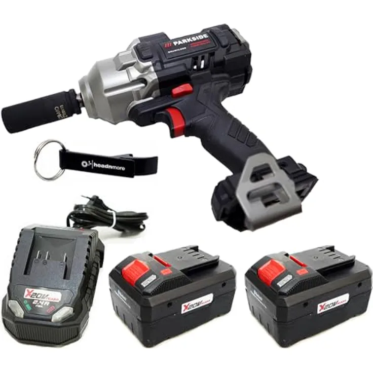 HEADNMORE® Bundle - PARKSIDE PERFORMANCE® 20V Akku Drehschlagschrauber 1/2" PASSP 20 + Schlüsselanhänger (2x8Ah Akku) mit Brushless Motor und Smart-Akkus, Schwarz