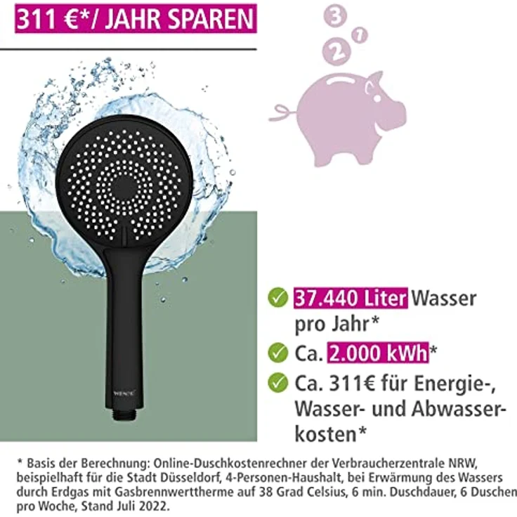 WENKO Handbrause Watersaving, Schwarz matt, Ø 11 cm, Nachhaltige Duschbrause mit Regen-, Massage- und Intensivfunktion – Bild 3