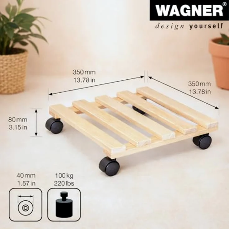 WAGNER Pflanzenroller PALETTI 35 x 35 cm I Pflanzenroller für Innenbereich, Kiefer Natur I Blumenroller aus FSC-zertifiziertem Massivholz I Kübelroller aus Holz I Tragkraft 100 kg ? 20003401 – Bild 3