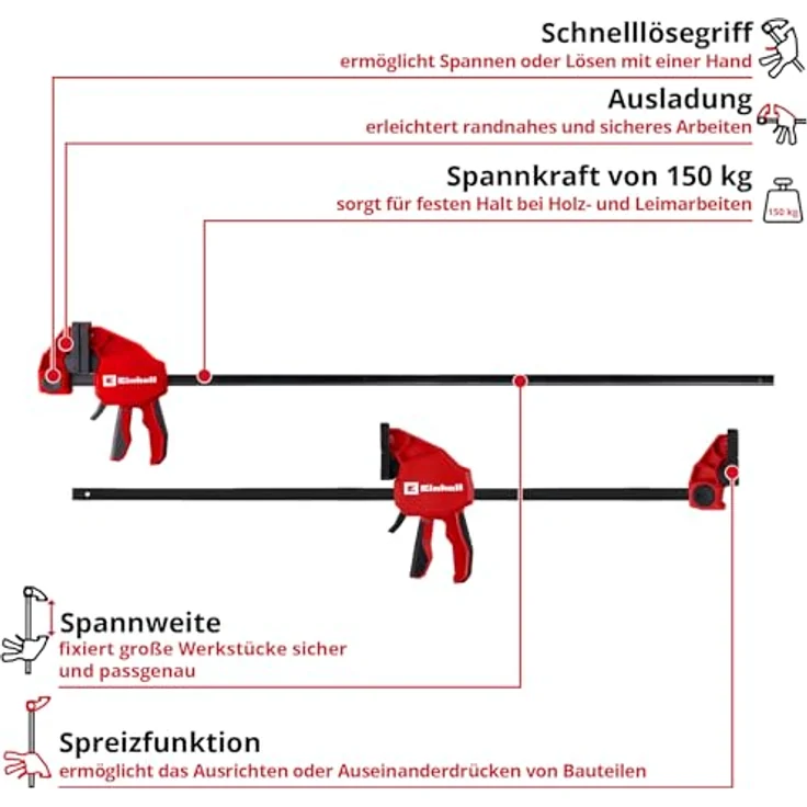 Einhell Einhandzwinge 930122, 900 mm Spannweite, 150 kg Spannkraft, werkzeuglos umbaubar zur Spreizzwinge, Schwarz – Bild 2