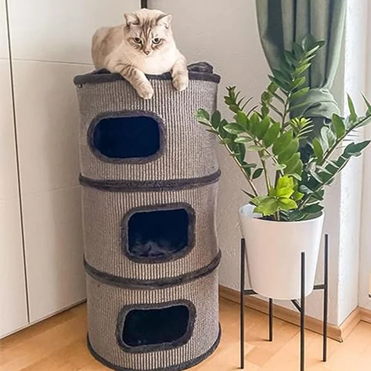 CanadianCat Company | Kratztonne Tony Höhe 90 cm, Spieltonne für Katzen ø 45 cm, Katzenkratzbaum mit 3 Höhlen, Katzenbaum, Kratzturm aus Sisal, Katzenmöbel, Plüsch, dunkelgrau – Bild 4