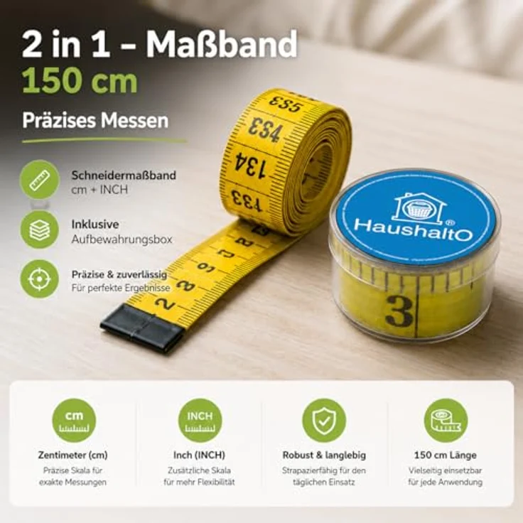 HaushaltO 2 in 1 Maßband 150 cm, präzises Schneidermaßband mit cm- und INCH-Skalierung, inklusive Aufbewahrungsbox – Bild 4