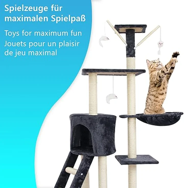Katzen Kratzbaum Simba 142 cm groß Dunkelgrau - Deluxe Katzenbaum mit Katzenhöhle, Katzenspielzeug, Plattform, Sisal Kratz Säule und Hängematte - Stabiles und Robustes Katzenhaus – Bild 4