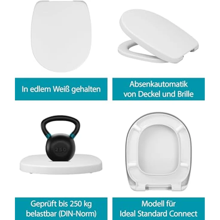 Calmwaters WC-Sitz für Ideal Standard Connect, Duroplast mit Absenkautomatik, abnehmbar, weiße O-Form, bis 250 kg belastbar, Made in EU, Modell 26LP6261 – Bild 3