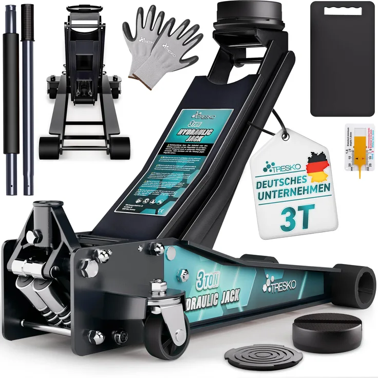 TRESKO® Hydraulischer Rangierwagenheber 3T mit Doppelkolben und 360° Rollen, Hubhöhe 75-510mm, inkl. 2 Gummiauflagen, Schutzmatte, Handschuhe und Profilmesser