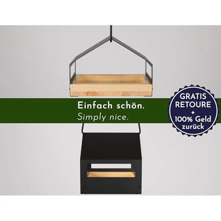 WONDERMAKE® Design Vogelhaus aus Metall und Holz wetterfest zum Aufhängen, modernes Vogelfutterhaus klein Metalldach hängend, Vogelhäuschen Futterhaus für Vögel, schwarz – Bild 4
