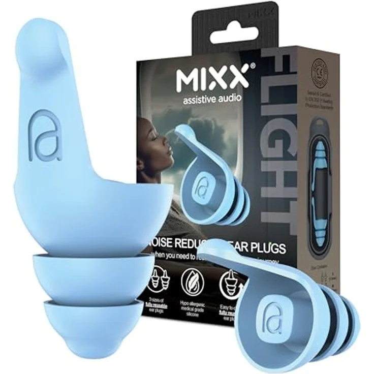 Mixx Assistive Audio Flight, Gehörschutz-Earplugs, wiederverwendbar aus medizinischem Silikon, 3er Set mit Reiseetui, verschiedene Größen – Bild 1