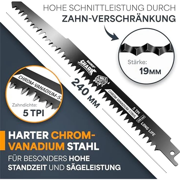 BAURIX® [LONG LIFE] Säbelsägeblätter, 5 Stück, 240 mm, 5 TPI, für Grobholz, Nassholz und lebendes Holz, extrem robust und langlebig – Bild 3