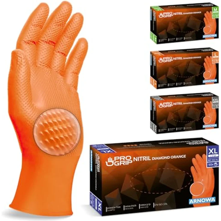 ARNOMED PROGRIP Einweghandschuhe Diamant Grip, Orange, extra starke Nitrilhandschuhe Gr. XL, 2x dicker, chemikalienbeständig, rutschfeste Texturierung, 50 Stk/Box – Bild 1