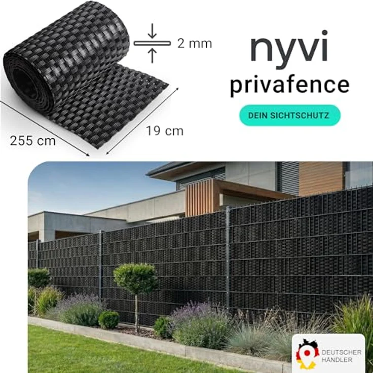 NYVI Polyrattan Sichtschutzstreifen Privafence Schwarz, 255 x 19 cm, 10 Rollen (25,5 Meter), wetterfest und UV-resistent, für Doppelstabmatten Zaun – Bild 2