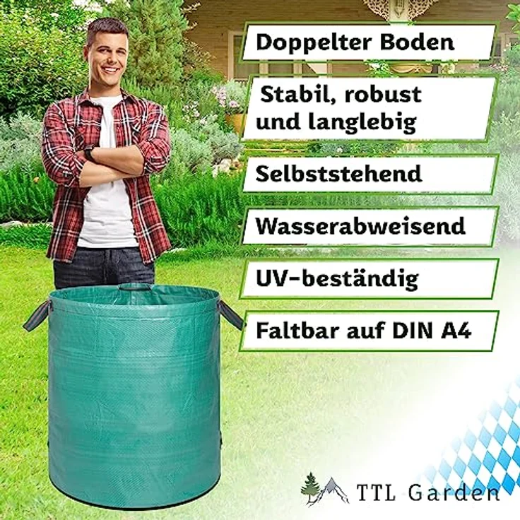 TTL GARDEN 2x 272L Gartensack - DOPPELTER BODEN, extra stabil & selbststehend, 4 Griffe, 150gsm, faltbar - 2er Set Laubsack für Gartenabfälle, robust und langlebig – Bild 3