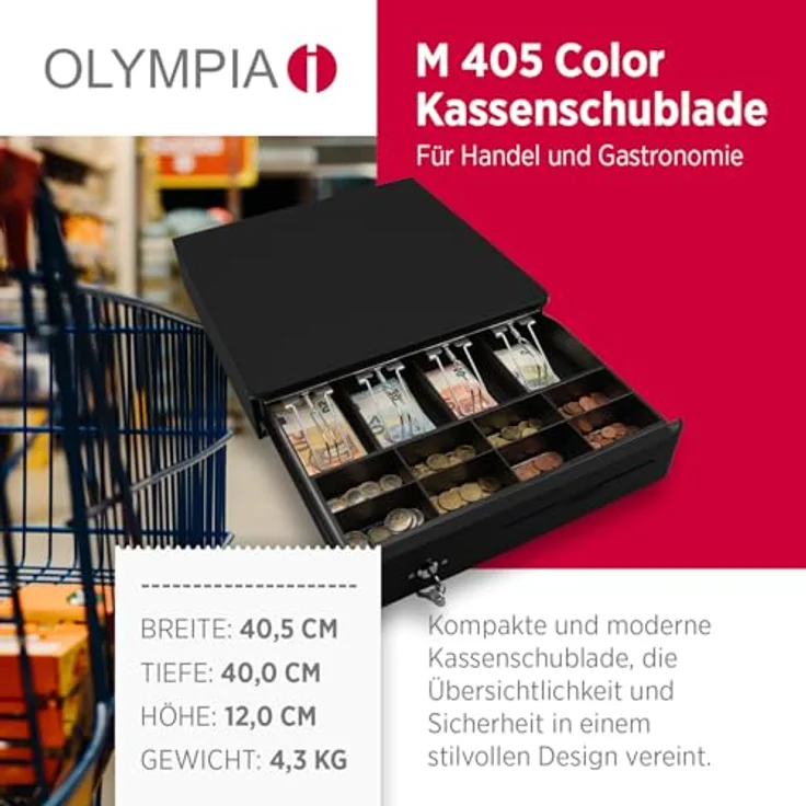 Olympia M 405 Schwarz, Kassenlade mit 8 Münzfächern & 4 Scheinfächern, robustes Vollmetallgehäuse, elektrisch ansteuerbar mit Schloss & RJ11/RJ12-Anschluss – Bild 2