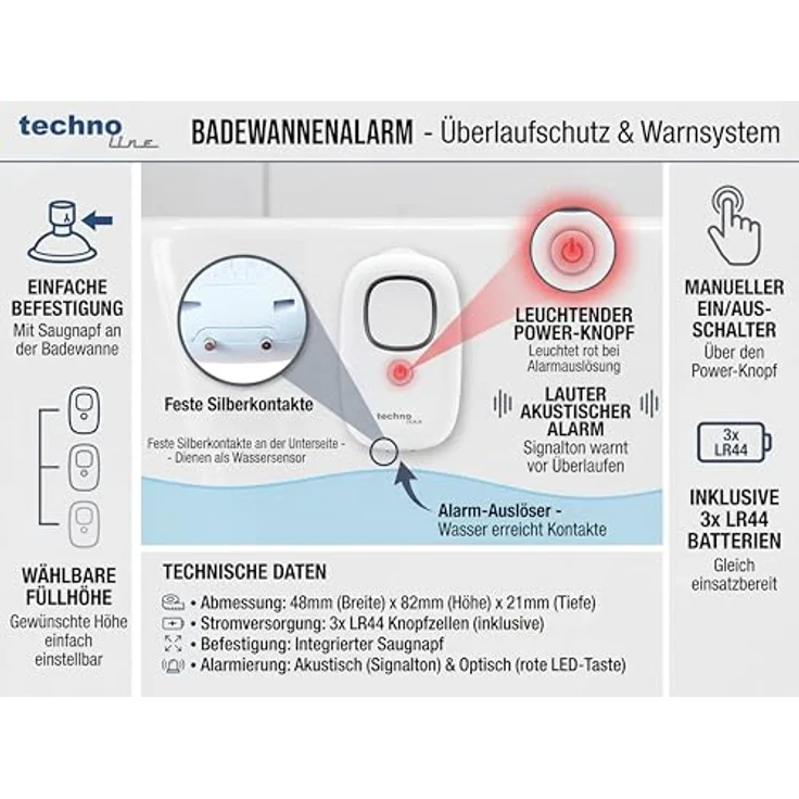 technoline PA 300, Wassermelder mit Badewannen-Überlaufschutz, akustischem & optischem Alarm, Saugnapf-Montage, IP65 Schutz – Bild 3