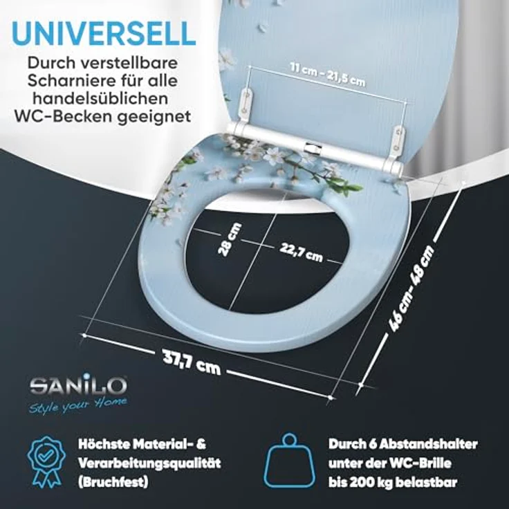 Sanilo WC Sitz mit Absenkautomatik Top Fix Sakura, bruchfester Holz-Sitz mit antibakterieller Beschichtung und bequemen Komfort, 46-48 cm verstellbar – Bild 5
