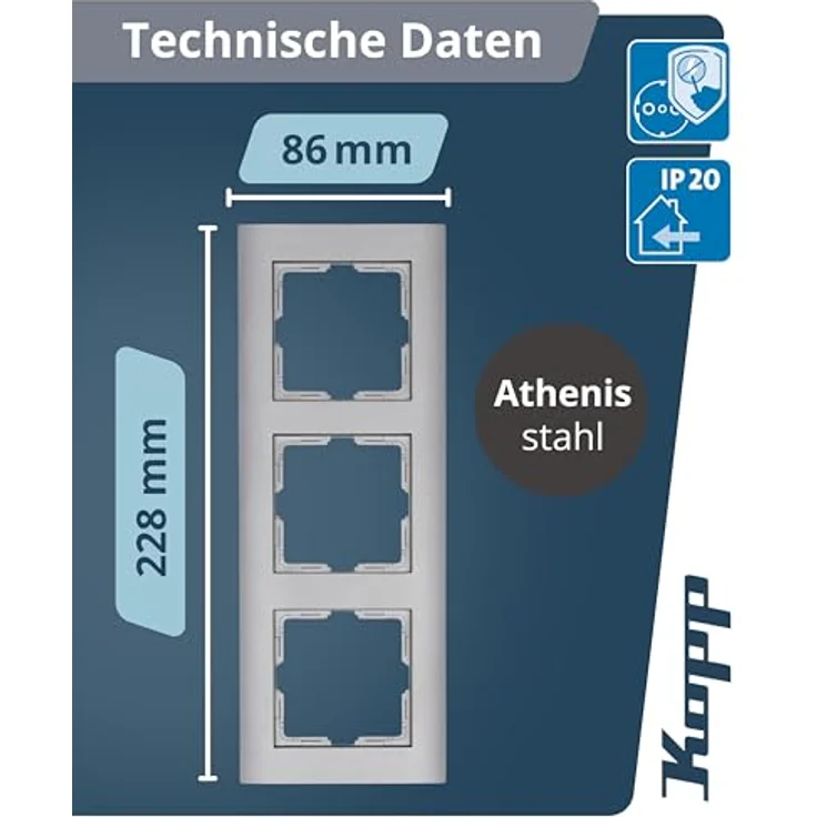Kopp Abdeckrahmen 3-fach Athenis, Stahl, für senkrechte und waagerechte Installation – Bild 3