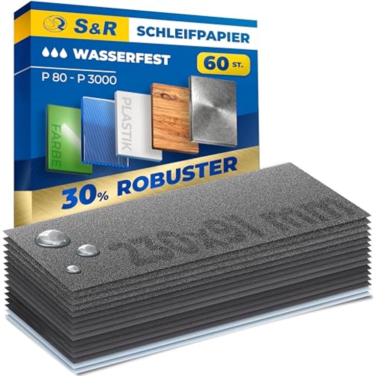 S&R Wasserfestes Schleifpapier Set 60 Stk, Schleifblätter Satz, Siliziumkarbid-Korn, 15 Körnungen P80 bis P3000, Profi Nassschleifpapier - Preisvergleich – Bild 1