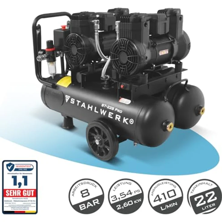 STAHLWERK Kompressor ST-228 Pro, ölfreier Druckluftkompressor mit 8 bar, 22 L Kesselinhalt, 3,54 PS und 410 l/min Durchsatz – Bild 2