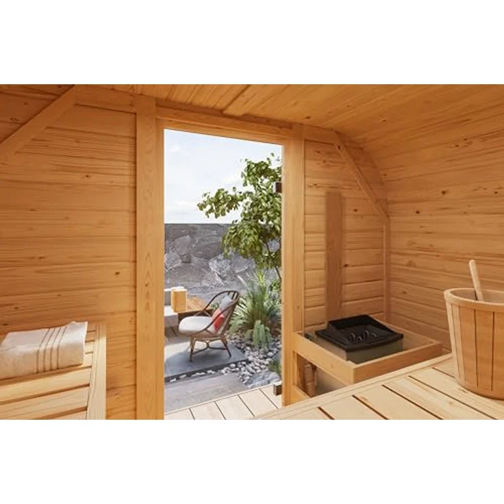 Karibu Würfelsaunahaus Louisa Plus, Innensauna mit 9 kW Saunaofen, naturbelassen, 3 Bänke, Steck-Schraub-System – Bild 3