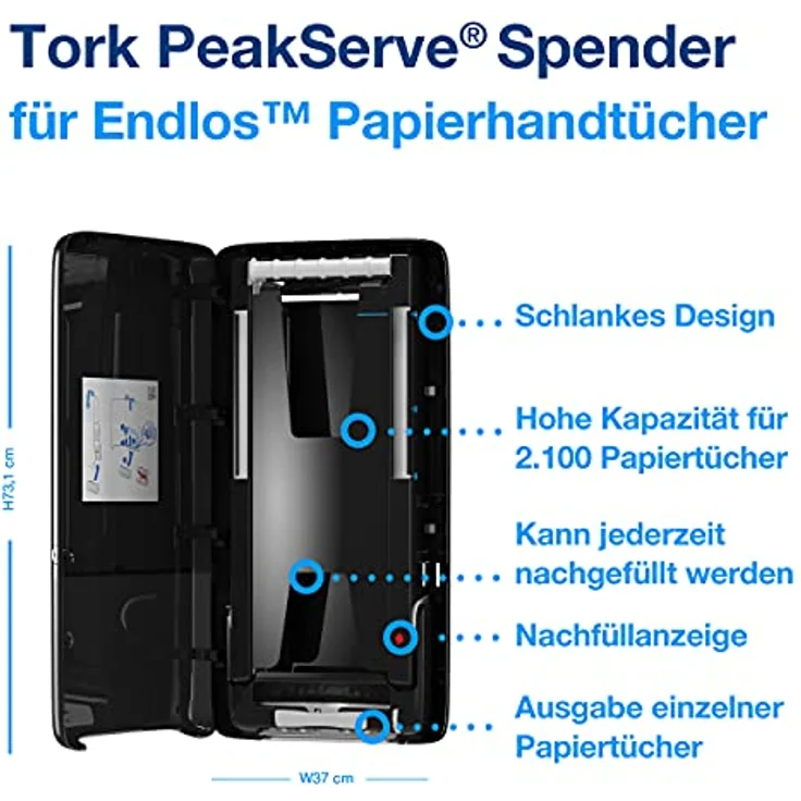 Tork PeakServe Spender für Endlos Papierhandtücher schwarz H5, hohe Kapazität mit patentiertem Endlos-System, 49,1 cm Höhe, 250 % mehr Kapazität – Bild 2