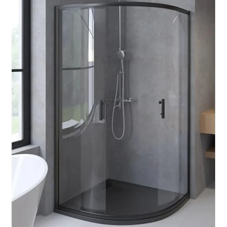 BAD LAND Duschkabine HELA Schwarz/Chrom mit Duschwanne VIDAR 80/90x80/90 cm, Viertelkreis Duschabtrennung Transparent NanoGlas 6 mm, Duschtasse Schwarz/Weiß Steinoptik SMC mit Ablauf – Bild 1