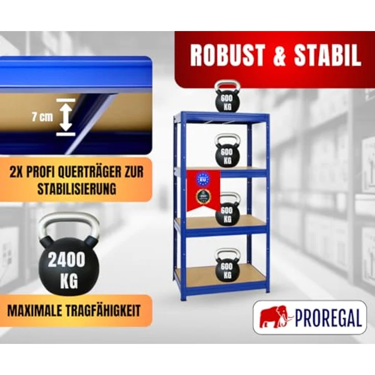 PROREGAL Schwerlastregal DINO, 180x90x60 cm, Fachlast 600 kg, Blau, mit verstellbaren MDF-Böden, ideal für Garage und Lager – Bild 3