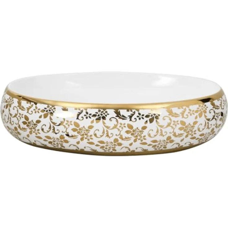 vidaXL Aufsatzwaschbecken, Oval Waschbecken mit Muster, Handgefertigt Waschtisch Waschschale für Badezimmer, Handwaschbecken Spülbecken, Weiß Golden 59x40x15 cm Keramik – Bild 4