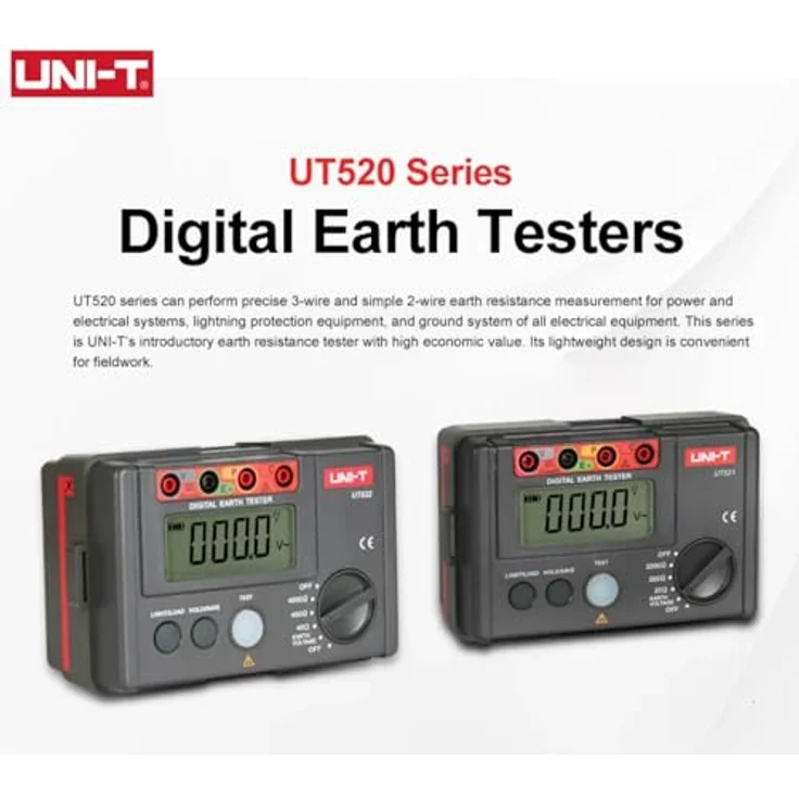 Uni-T UT522 Digitaler Erdungstester, Erdungs-Widerstandsprüfer (CAT III 600V) mit LCD-Hintergrundbeleuchtung und Daten-Hold-Funktion – Bild 2