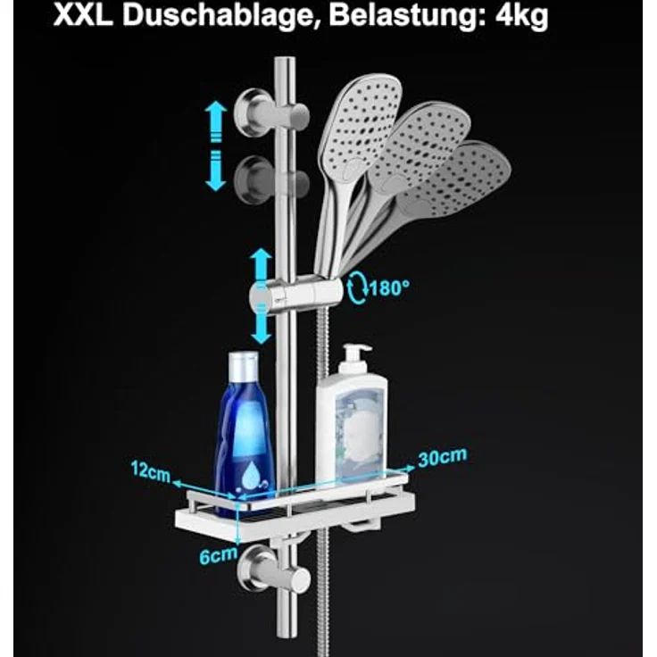 Görbach Edelstahl Duschstange mit Brause, Brausestangeset 70 cm, glänzend in Chrom, mit 3 Strahlarten und XXL Duschablage – Bild 4