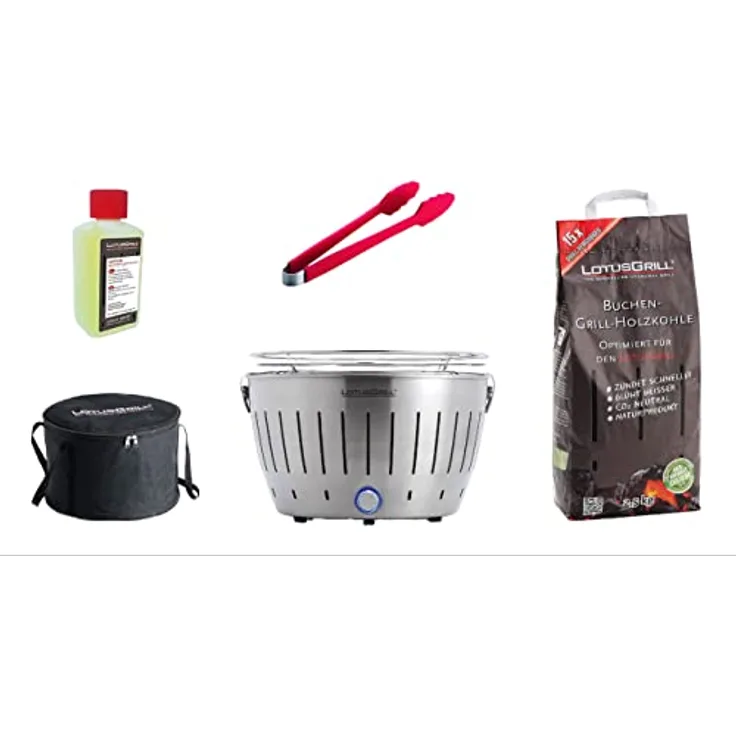 LotusGrill Starter-Set Classic 1x Grill Edelstahl mit USB-Anschluß, 1x Buchenholzkohle 2,5 kg, 1x Brennpaste 200ml, 1x Würstchenzange (Farbe nach Vorrat), 1x Transport-Tragetasche - der raucharme Holzkohlegrill