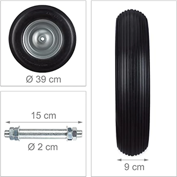Relaxdays Schubkarrenrad Vollgummi mit Achse, 4.80 4.00-8 Gummirad, pannensicher, Ersatzrad bis 100kg, schwarz-grau – Bild 4