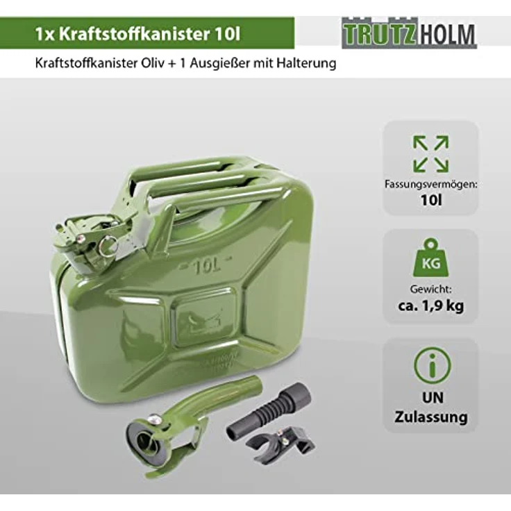 TRUTZHOLM Benzinkanister Kraftstoffkanister Metall 10 Liter Oliv mit Ausgießer und Halterung, korrosionsbeständig – Bild 2