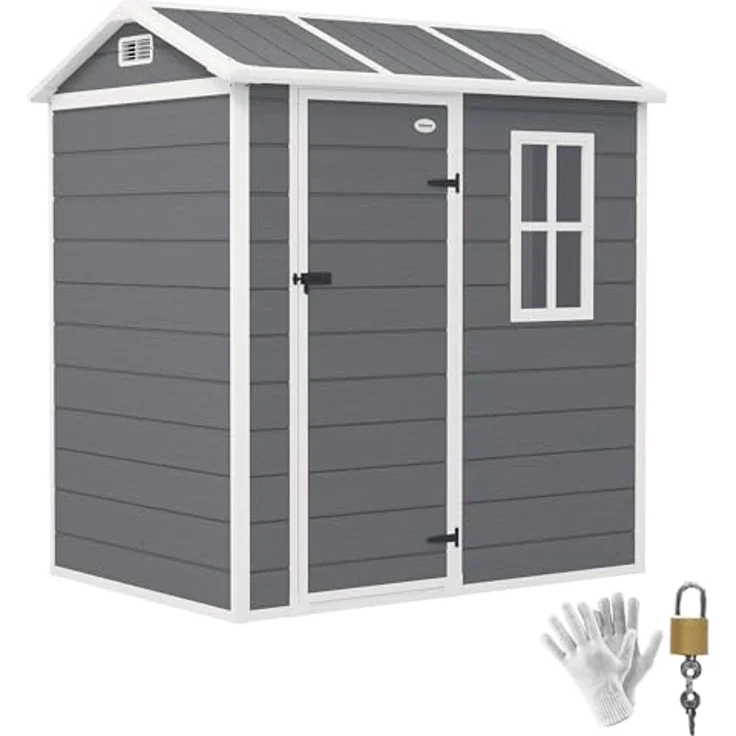Outsunny Gerätehaus Kunststoff 2,1m² 186 x 130 x 199cm Grau - Geräteschuppen mit Satteldach, Boden, Fenster, Abschließbarer Tür, wetterfest – Bild 1