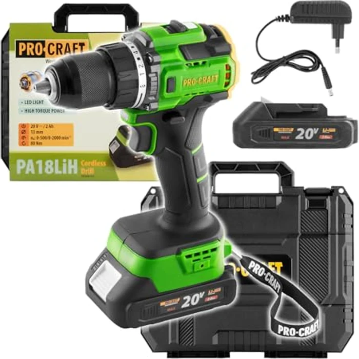 Procraft PA18LiH-1B-C, Akku Bohrschrauber 20 V mit 80 Nm, Bürstenlos, 2 Geschwindigkeitsstufen, 1x Akku 2,0 Ah, Ladegerät, Koffer – Bild 1