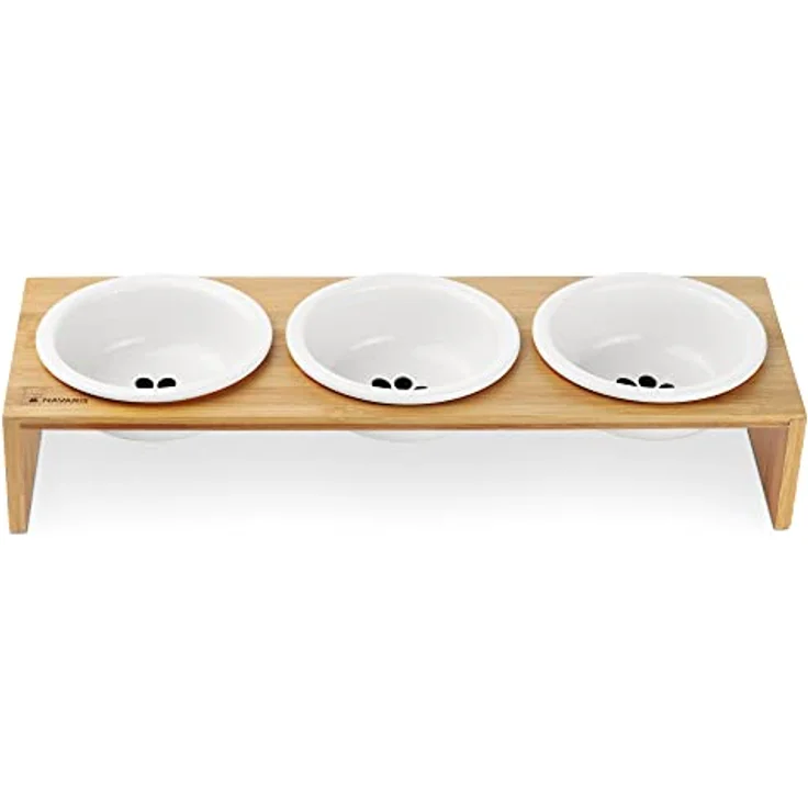 Navaris Futternapf Katze mit Bambus Halter - Futterstation Set Keramiknapf für Katzen Hunde - Keramik Fressnapf Set Futterbar mit Holz Halterung – Bild 5