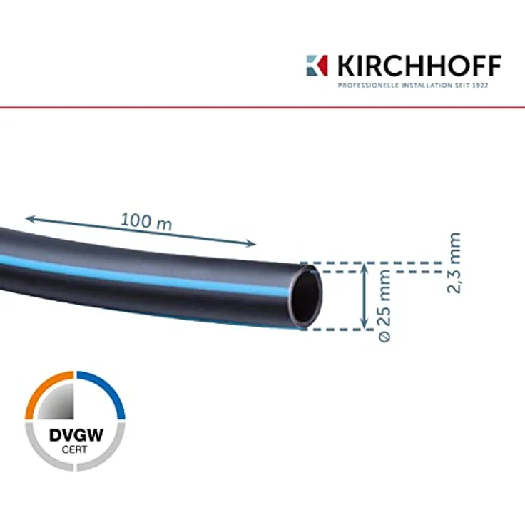 Kirchhoff Wasserleitung für Gartenbewässerung 25 mm x 100 m | PE Rohr für Sprinklersystem | Verlegerohr HDPE | DVGW | Trinkwasserleitung | Made in EU – Bild 2