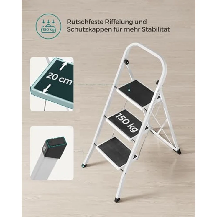 SONGMICS Trittleiter, Leiter mit 3 Stufen, Klapptritt, Klappsicherung, einfach zu verstauen, bis 150 kg belastbar, basisweiß GSL03WT – Bild 5