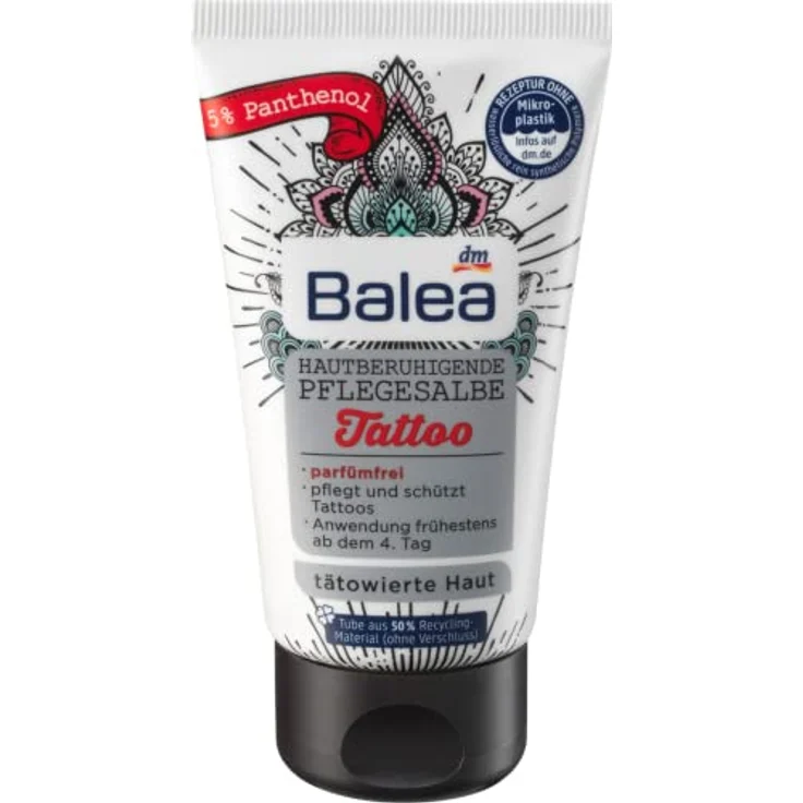 Balea Tattoopflege Hautberuhigende Pflegesalbe, 50 ml mit 5% Panthenol, vegan, parfümfrei, dermatologisch getestet – Bild 5