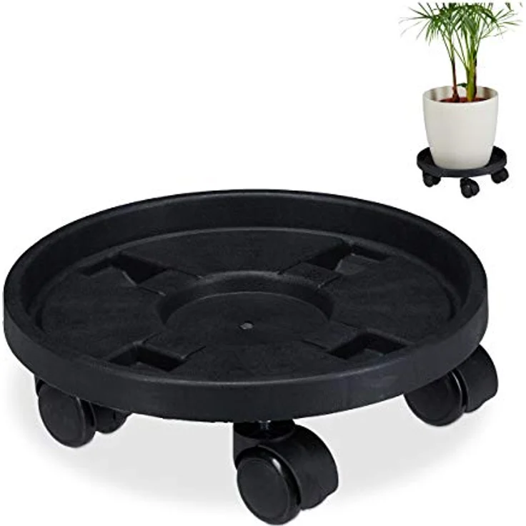 Relaxdays Pflanzenroller rund, 2er Set, Ø 30 cm, Blumentopfuntersetzer mit Rollen, Kunststoff, innen & außen, schwarz – Bild 1