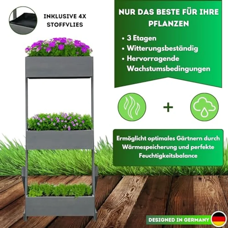 Vertikalbeet Petra Hochbeet Holz 3 Etagen Blumenkasten - Blumentreppe Kräuterbeet Frühbeet Blumenbeet Pflanzkasten inkl. Gartenvlies - Stufenbeet 66 x 49 x 140 cm für Terrasse Balkon & Wintergarten – Bild 5