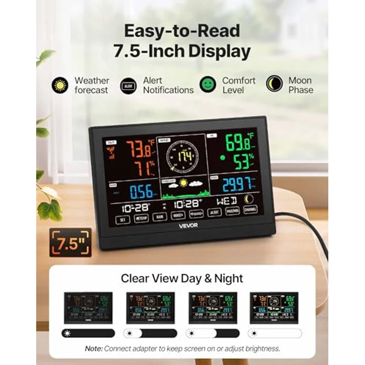 VEVOR 5-in-1-WLAN-Wetterstation, 7,5-Zoll-VA-Display, solarbetriebener Außensensor für Wettervorhersage, Windgeschwindigkeit, Temperatur und Luftfeuchtigkeit – Bild 4