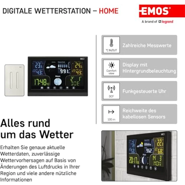 Emos Drahtlose Wetterstation E6018, Wetterstation mit 13 Messfunktionen, Touchscreen und 100 m Sensorreichweite, Schwarz – Bild 2