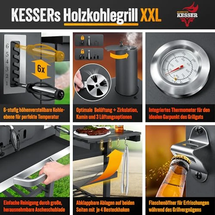 KESSER® Grillwagen BBQ Smoker XXL Holzkohlegrill mit Thermometer, Abdeckhaube & 8 Spießen, Schwarz – Bild 4