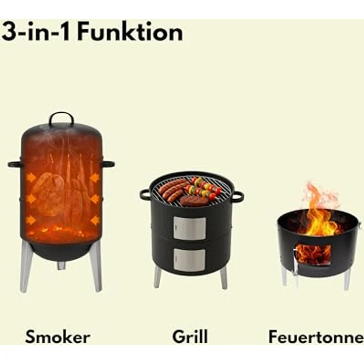 GLÜHZONE RS 400, 3in1 Holzkohlegrill mit Deckel zum Räuchern, Grillen und Garen, inkl. Wasserschale, 2 Grillroste, Räucherhaken, Temperaturanzeige, robust und langlebig für Garten & Camping – Bild 2