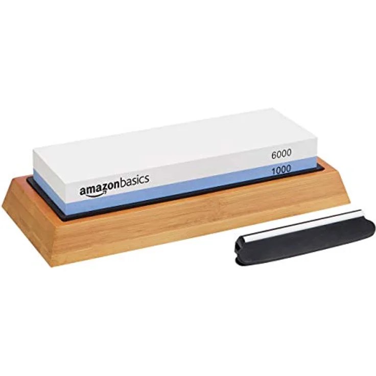 Amazon Basics Messerschärfstein, doppelseitig 1000/6000, rutschfeste Bambusunterseite, Schwarz, Blau und Weiß, 21,34 x 9,14 x 4,57 cm