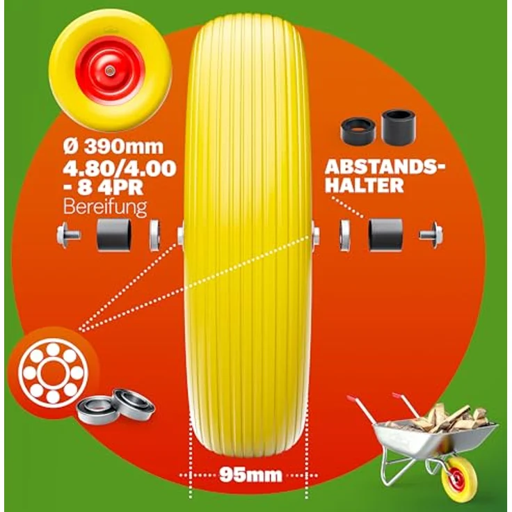 Schubkarren Rad Ersatzrad PU Gartenkarre 4.80/4.00-8 D 390mm 200 kg Schubkarrenreifen Achse Felge PU-Schaum – Bild 6