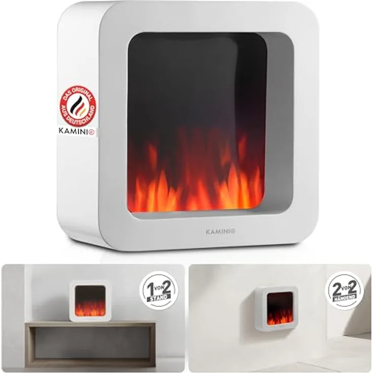 KAMINIO Elektrischer Tischkamin Mia L - 3D-Flammeneffekt, tragbarer Akku, Wand- und Tischmontage (Weiß, 10"/25cm)