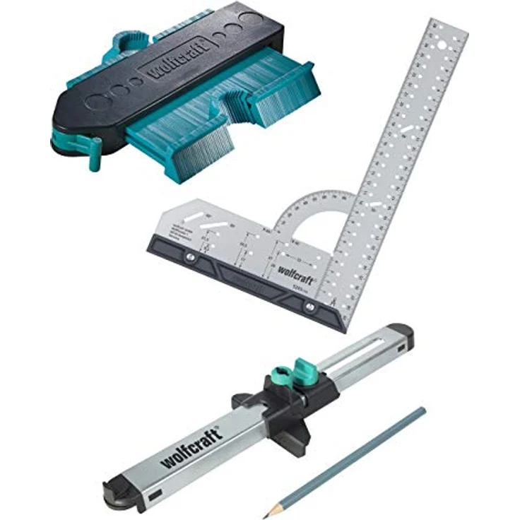 wolfcraft I Geling Set Laminat- und Designboden einpassen I 6976000 I Komplettset aus Universalwinkel, Konturenlehre und Lamiant-Einpasser I praktisches Set zum Einpassen von Laminat- und Designböden – Bild 1