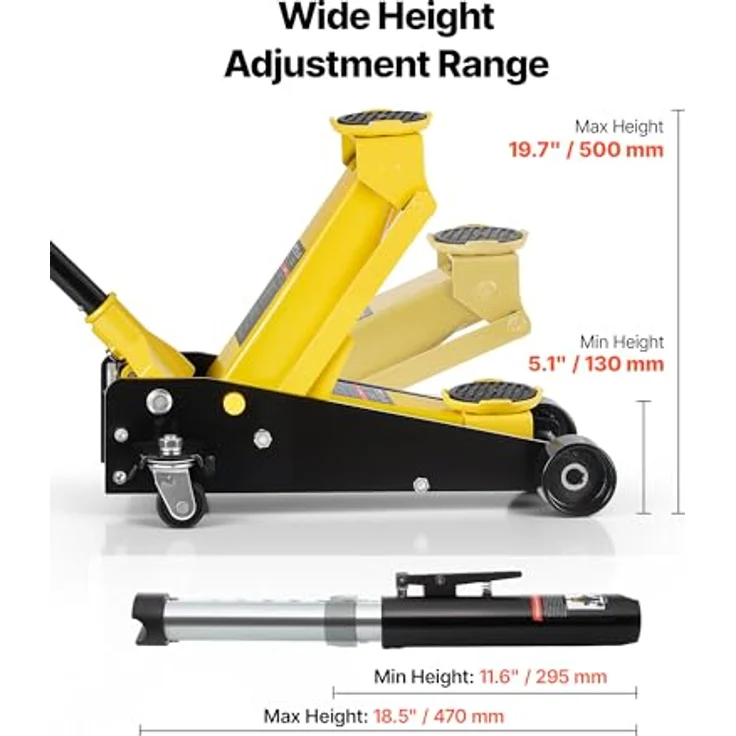 VEVOR Hydraulischer Rangierwagenheber 3T, Wagenheber mit 130-500 mm Hubhöhe, 125 mm Gummiauflage, Einzelzylinder und 360° Mobilität für PKW, SUV, Pickup, Werkstatt – Bild 3
